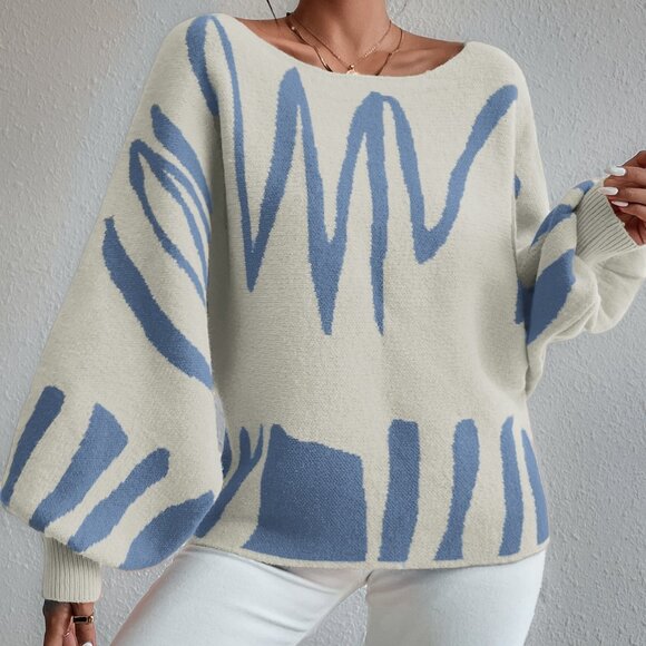 Women's Casual Beige with blue Graphic stripes Lantern Sleeve Sweater - Picture 4 of 7